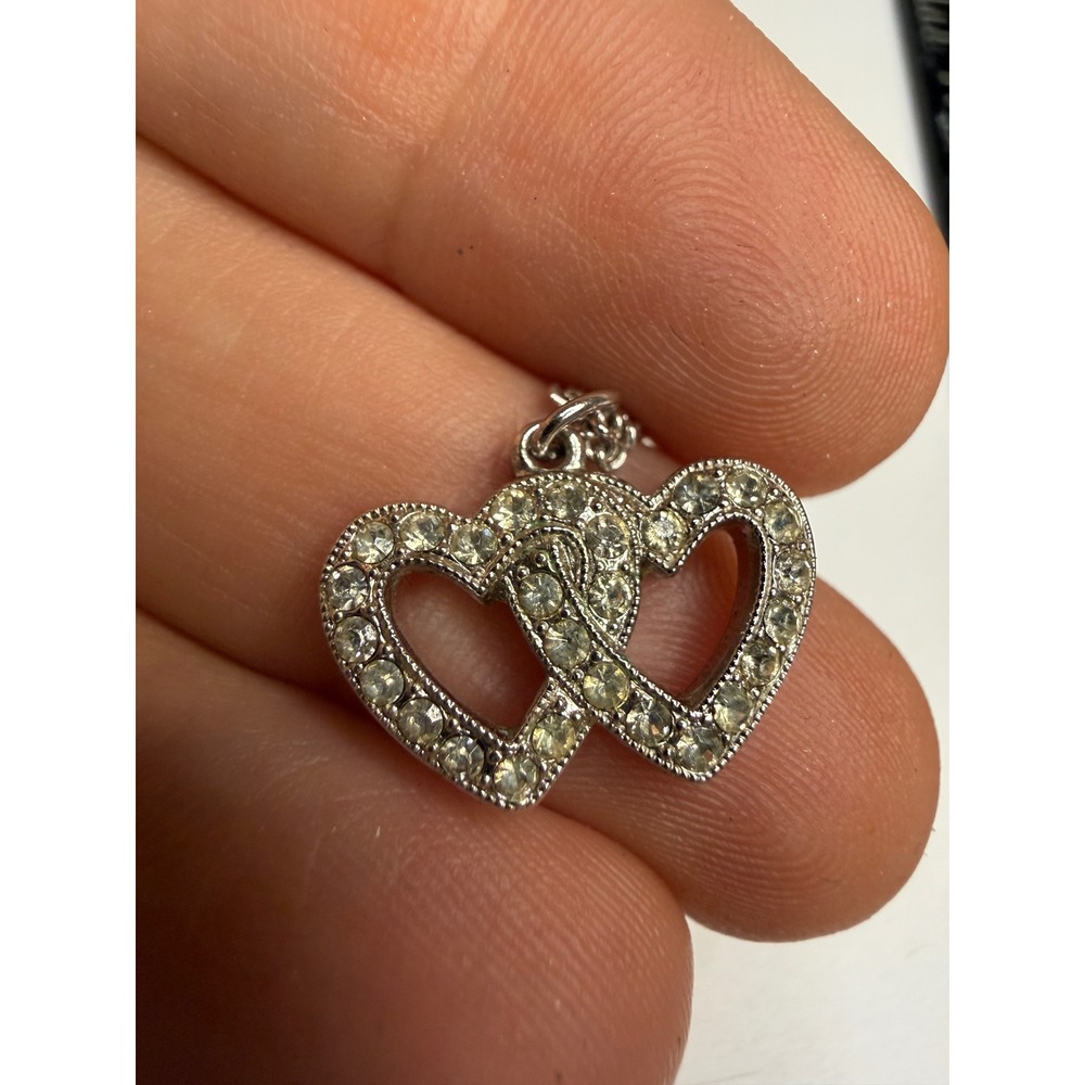 Silver Tone Double Interlocking Heart Rhinestone Pavé Pendant Necklace 18in